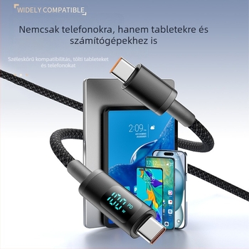 hc USB-C PD gyors töltőkábel digitális kijelzővel, 100W, fonott kábel, egyfejű USB-C csatlakozó
