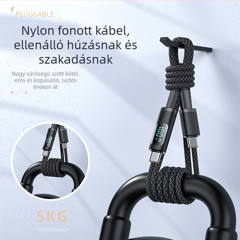 hc USB-C PD gyors töltőkábel digitális kijelzővel, 100W, fonott kábel, egyfejű USB-C csatlakozó