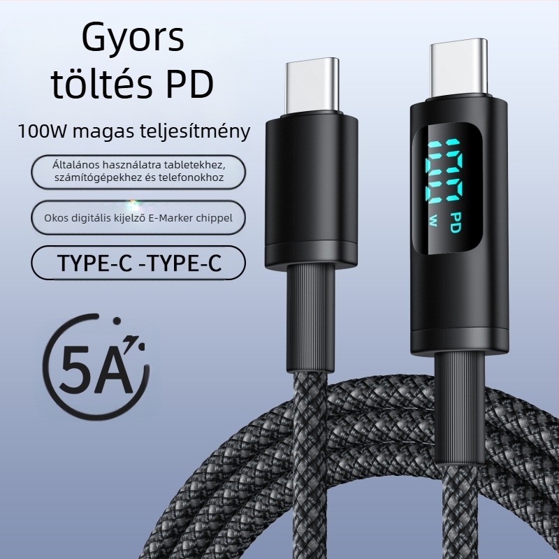 hc USB-C PD gyors töltőkábel digitális kijelzővel, 100W, fonott kábel, egyfejű USB-C csatlakozó