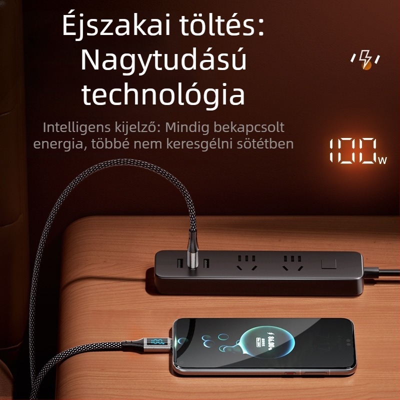 100W Digitális kijelzős gyorstöltő kábel Lightning és USB-C csatlakozókkal, alumínium ötvözet