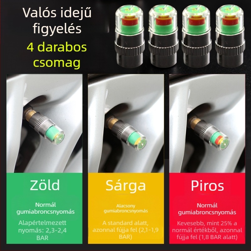 Fém gumiabroncsnyomás figyelmeztető sapka, 2,4 bar tartomány, színes kijelző, monitorozás