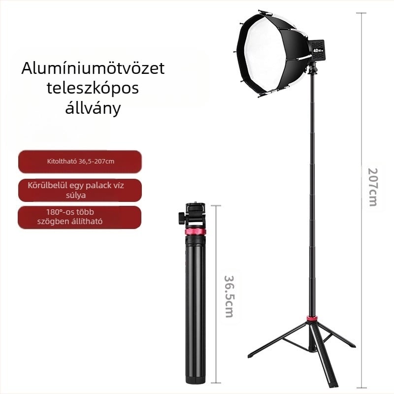 Mobiltelefonhoz készült selfie stick alumíniumötvözetű teleszkópos világító állvánnyal és hordozható háromlábúval élő közvetítéshez