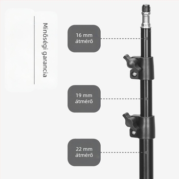 Élő közvetítéshez fényképező állvány – padlón álló tripod vastagabb világítási állvánnyal; Anyag: vascső + ABS; Teherbírás: 2–5 kg; Munkamagasság: 68–210 cm; Csőátmérő: 22/19/16 mm; 3 részes