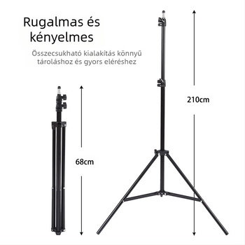 Élő közvetítéshez fényképező állvány – padlón álló tripod vastagabb világítási állvánnyal; Anyag: vascső + ABS; Teherbírás: 2–5 kg; Munkamagasság: 68–210 cm; Csőátmérő: 22/19/16 mm; 3 részes
