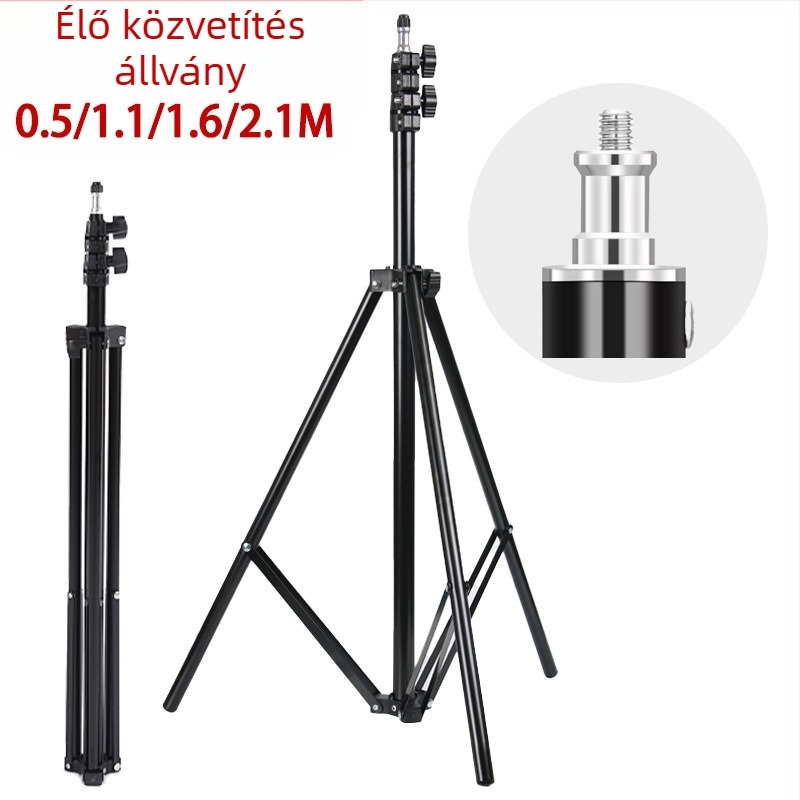 Élő közvetítéshez fényképező állvány – padlón álló tripod vastagabb világítási állvánnyal; Anyag: vascső + ABS; Teherbírás: 2–5 kg; Munkamagasság: 68–210 cm; Csőátmérő: 22/19/16 mm; 3 részes