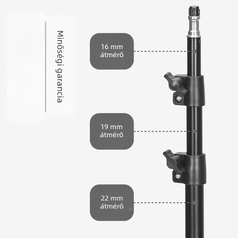 Élő közvetítéshez fényképező állvány – padlón álló tripod vastagabb világítási állvánnyal; Anyag: vascső + ABS; Teherbírás: 2–5 kg; Munkamagasság: 68–210 cm; Csőátmérő: 22/19/16 mm; 3 részes