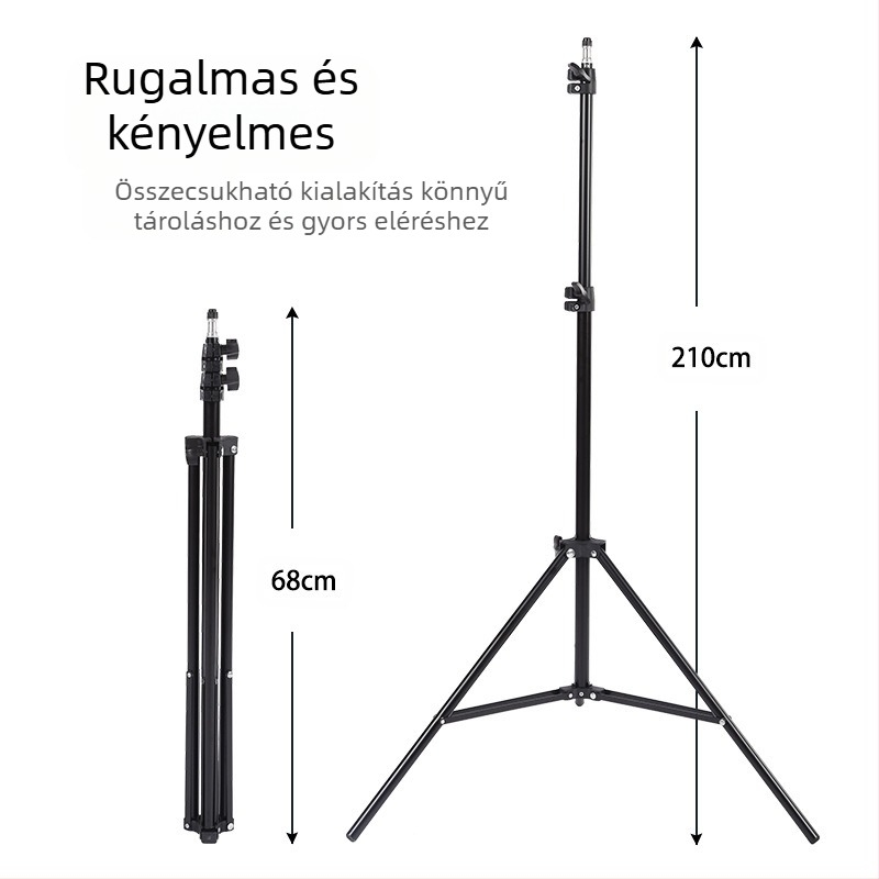 Élő közvetítéshez fényképező állvány – padlón álló tripod vastagabb világítási állvánnyal; Anyag: vascső + ABS; Teherbírás: 2–5 kg; Munkamagasság: 68–210 cm; Csőátmérő: 22/19/16 mm; 3 részes