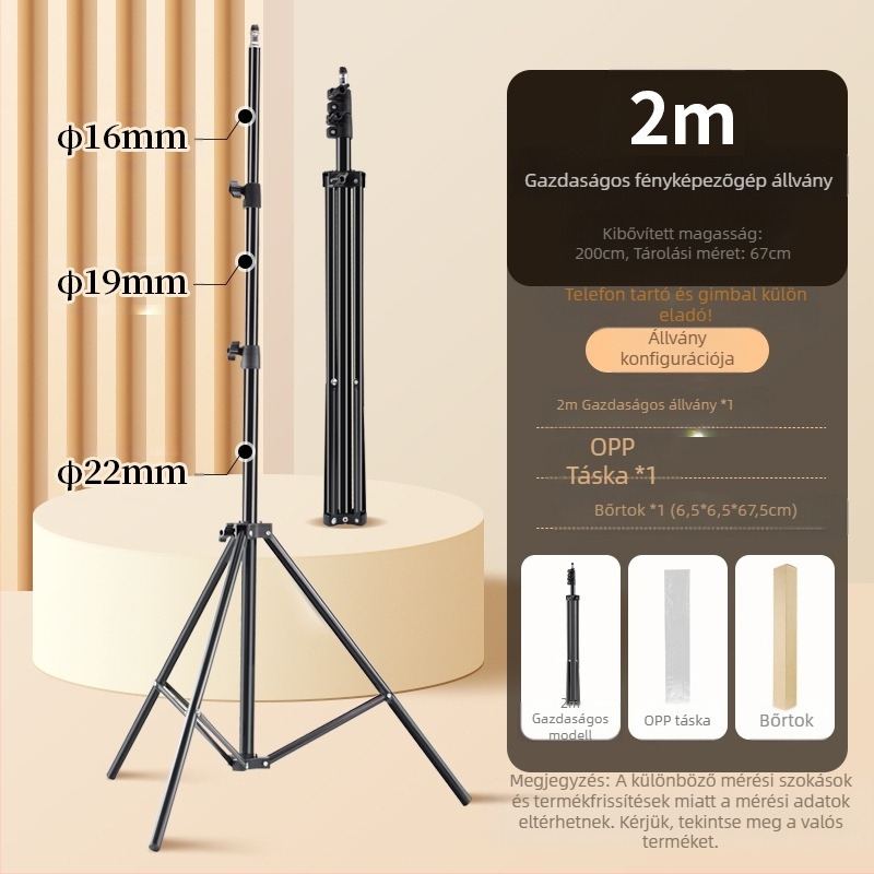 Élő közvetítéshez fényképező állvány – padlón álló tripod vastagabb világítási állvánnyal; Anyag: vascső + ABS; Teherbírás: 2–5 kg; Munkamagasság: 68–210 cm; Csőátmérő: 22/19/16 mm; 3 részes