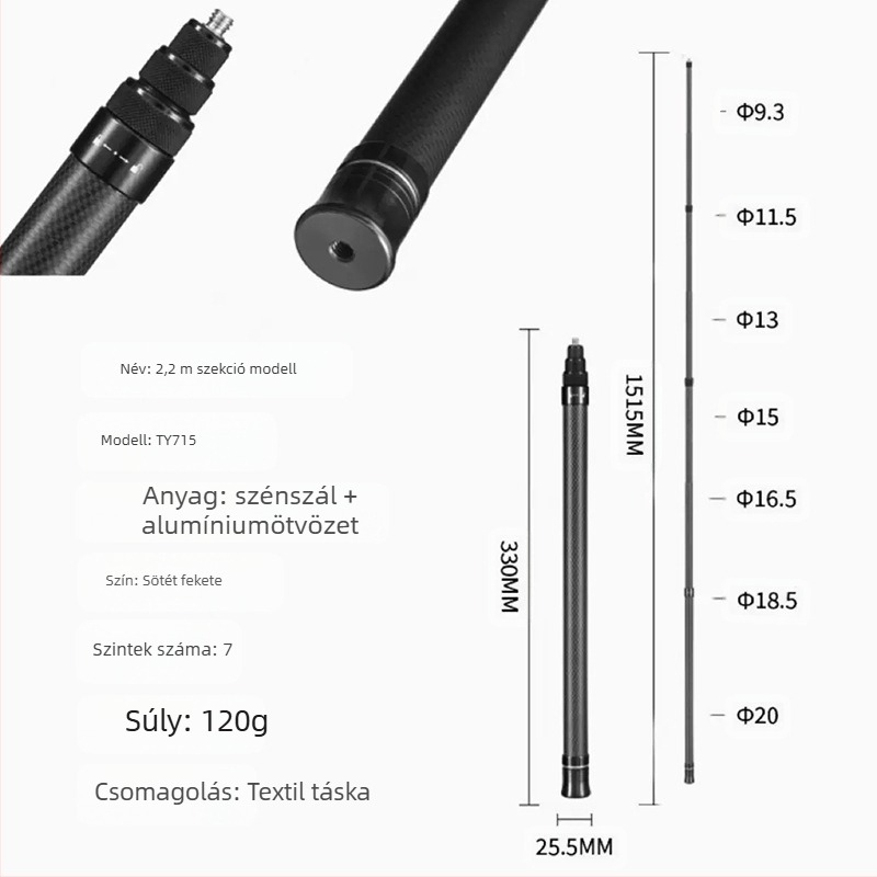 Insta360 és GoPro panorámás akciókamerákhoz kiegészítő rúd, alumíniumötvözet, maximális teher 2 kg alatt