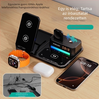 6 az 1-ben vezeték nélküli töltő behajtható telefon-tartóval, asztali éjszakai fény, óra és hangszóró – 15W telefonhoz, 5W fülhallgatókhoz, 2,5W órához