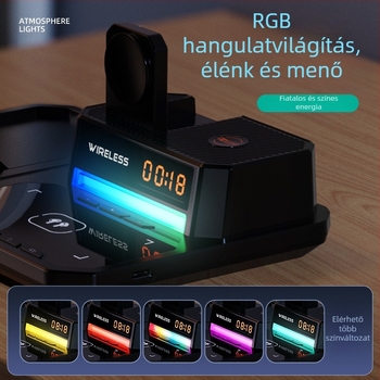 6 az 1-ben vezeték nélküli töltő behajtható telefon-tartóval, asztali éjszakai fény, óra és hangszóró – 15W telefonhoz, 5W fülhallgatókhoz, 2,5W órához