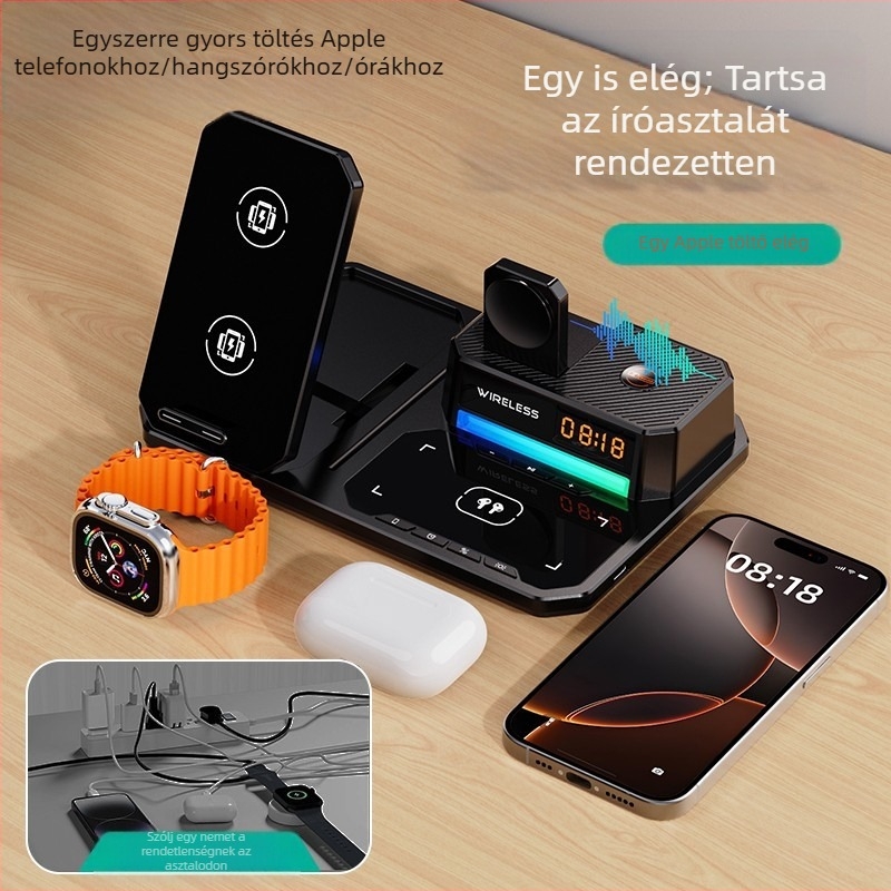 6 az 1-ben vezeték nélküli töltő behajtható telefon-tartóval, asztali éjszakai fény, óra és hangszóró – 15W telefonhoz, 5W fülhallgatókhoz, 2,5W órához