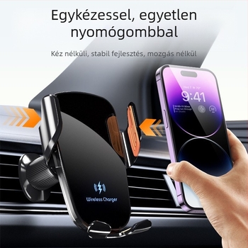 Autóba szánt telefon-tartó 15W-os vezeték nélküli töltéssel, univerzális kompatibilitás, snap-on a légkivezető nyílásba, navigációhoz.