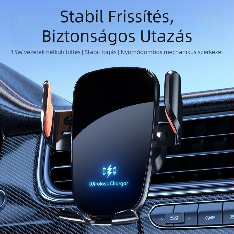 Autóba szánt telefon-tartó 15W-os vezeték nélküli töltéssel, univerzális kompatibilitás, snap-on a légkivezető nyílásba, navigációhoz.