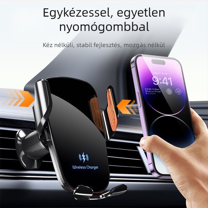 Autóba szánt telefon-tartó 15W-os vezeték nélküli töltéssel, univerzális kompatibilitás, snap-on a légkivezető nyílásba, navigációhoz.