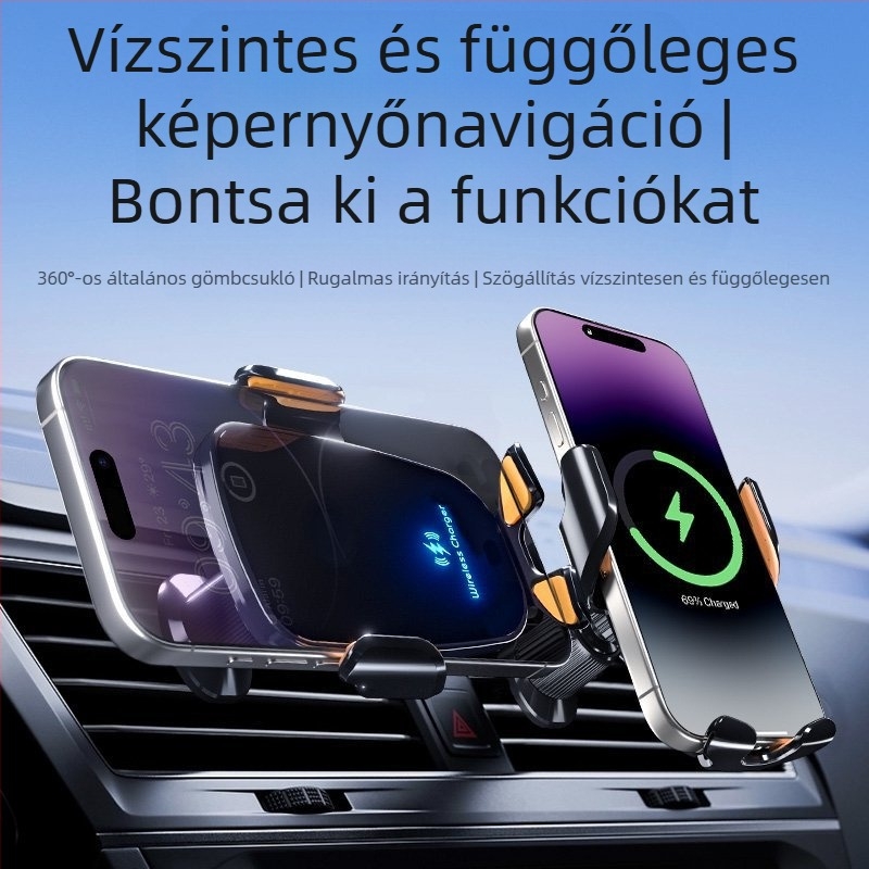 Autóba szánt telefon-tartó 15W-os vezeték nélküli töltéssel, univerzális kompatibilitás, snap-on a légkivezető nyílásba, navigációhoz.
