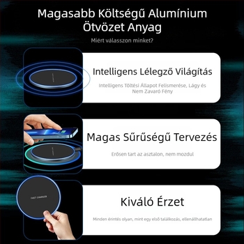 15W-os Qi vezeték nélküli töltő alumíniumötvözetből, ultra vékony kör alakú dizájn, asztali töltő okostelefonokhoz