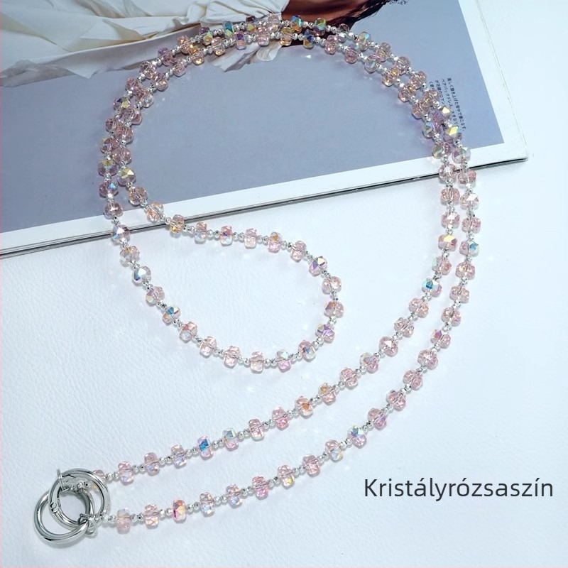 Kristály gyöngyös telefonnyaklánc Ny236, kézzel készített, nylon zsinór, fém csat