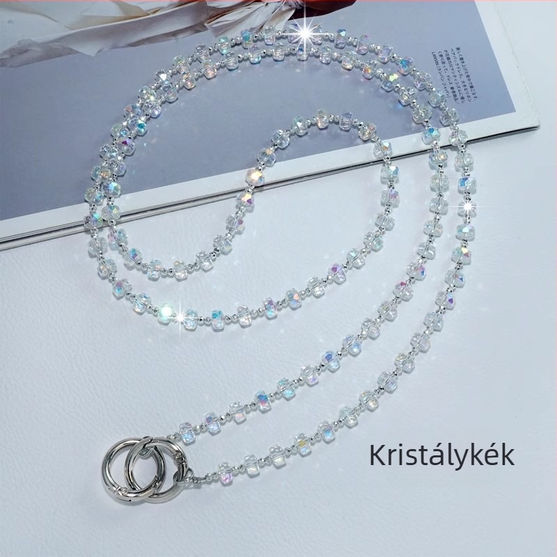 Kristály gyöngyös telefonnyaklánc Ny236, kézzel készített, nylon zsinór, fém csat