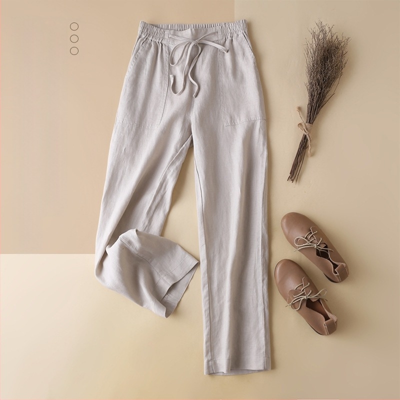 Női lenvászonból készült széles nadrág középmagas derekú, irodalmi-művés retro stílus, nyárra
