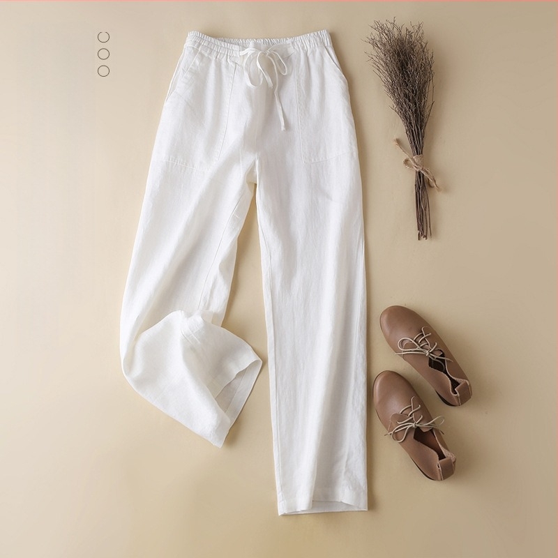 Női lenvászonból készült széles nadrág középmagas derekú, irodalmi-művés retro stílus, nyárra