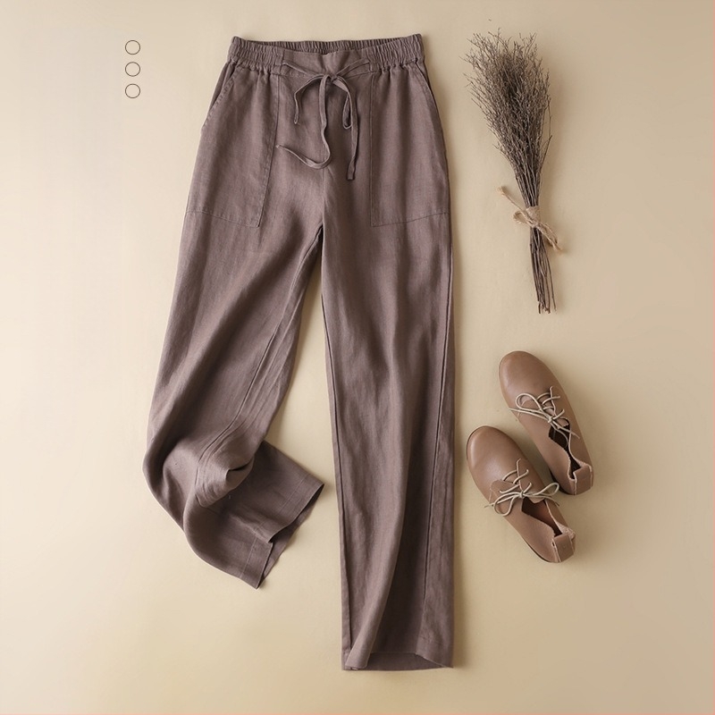 Női lenvászonból készült széles nadrág középmagas derekú, irodalmi-művés retro stílus, nyárra