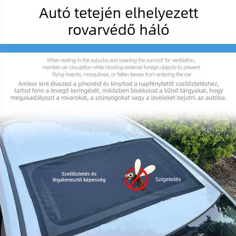 Autó napfénytető szúnyogháló, hálószövés, átlátszó, akasztós telepítés, általános modellhez, logónyomtatás támogatott