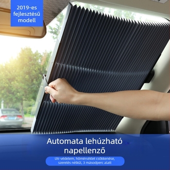 Autó napvédő, automatikus kihúzható roló, rögzítés szívókupakkal, alumíniumfólia, tömeg 0,6 kg, gyártás és logó nyomtatás testreszabható