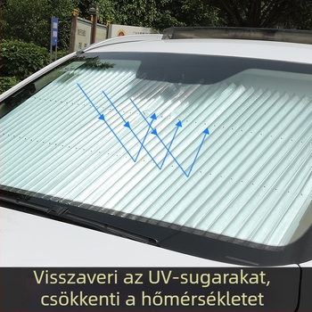 Autó napvédő, automatikus kihúzható roló, rögzítés szívókupakkal, alumíniumfólia, tömeg 0,6 kg, gyártás és logó nyomtatás testreszabható