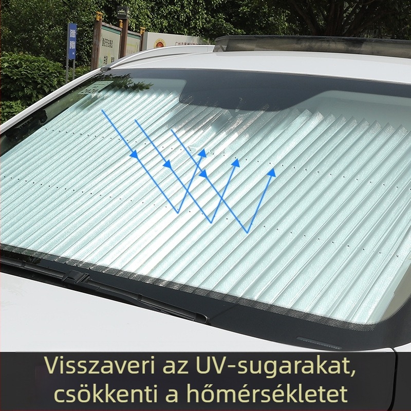 Autó napvédő, automatikus kihúzható roló, rögzítés szívókupakkal, alumíniumfólia, tömeg 0,6 kg, gyártás és logó nyomtatás testreszabható
