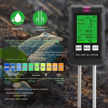 6 az 1-ben talajtester pH, nedvesség, fényerő és termékenység méréséhez | Modell THE01879, Termékkód 1000509934