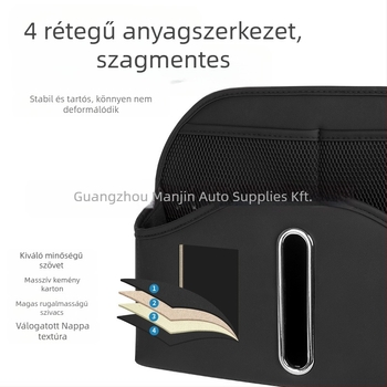 Bőr autós tárolótáska a hátsó üléshez, vízálló, akasztós kialakítás, univerzális kompatibilitás.