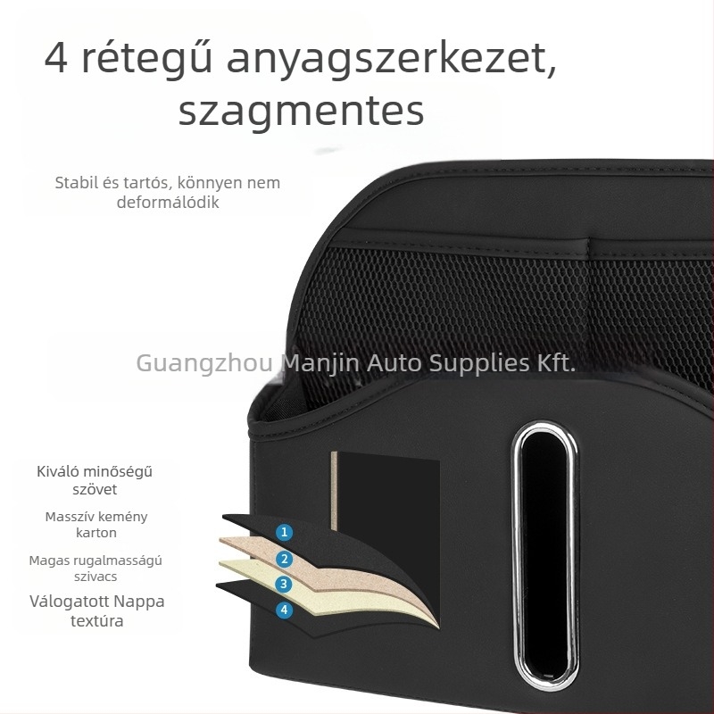 Bőr autós tárolótáska a hátsó üléshez, vízálló, akasztós kialakítás, univerzális kompatibilitás.
