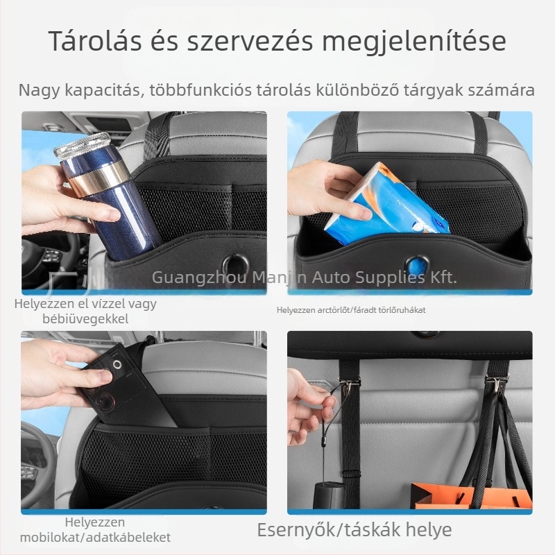 Bőr autós tárolótáska a hátsó üléshez, vízálló, akasztós kialakítás, univerzális kompatibilitás.