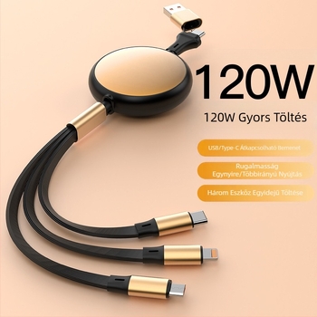 Kihúzható, alumíniumkörkörös 5‑in‑1 töltő- és adatkábel Lightning és USB‑C interfészekkel, 120W max, két–három elágazó csatlakozó