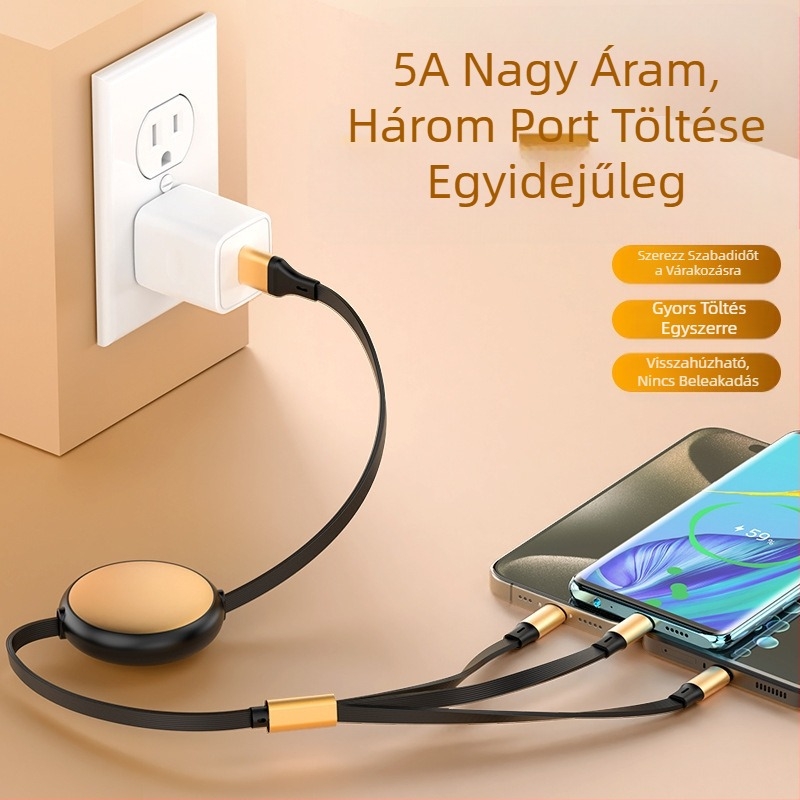 Kihúzható, alumíniumkörkörös 5‑in‑1 töltő- és adatkábel Lightning és USB‑C interfészekkel, 120W max, két–három elágazó csatlakozó