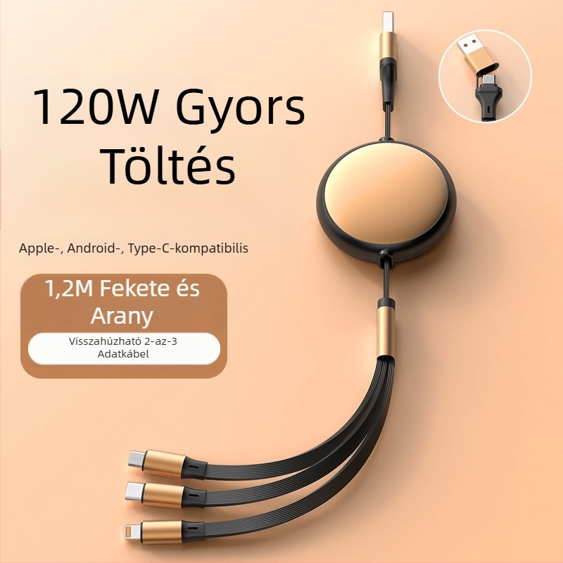 Kihúzható, alumíniumkörkörös 5‑in‑1 töltő- és adatkábel Lightning és USB‑C interfészekkel, 120W max, két–három elágazó csatlakozó