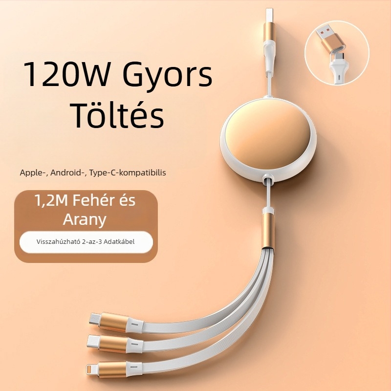 Kihúzható, alumíniumkörkörös 5‑in‑1 töltő- és adatkábel Lightning és USB‑C interfészekkel, 120W max, két–három elágazó csatlakozó