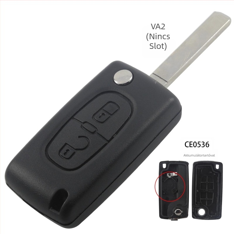 Peugeot/Citroën 2 gombos összecsukható kulcskeret – csere; burkolat műanyag mérnöki típusú; kulcs pengéje réz anyagú; tömeg 41 g