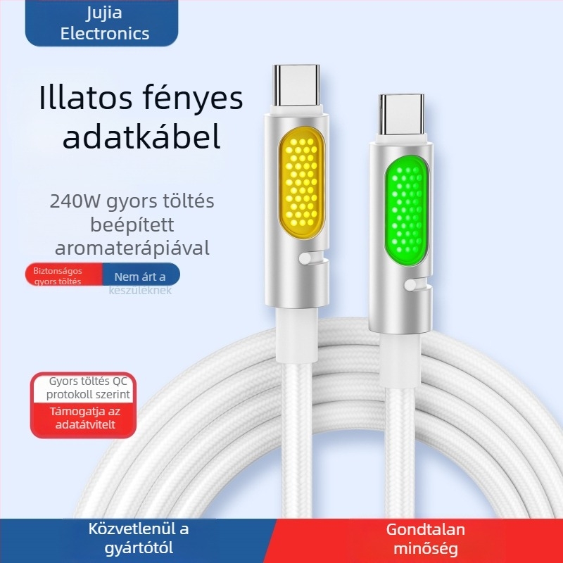 Aromaterápiás USB-C autó adatkábel, szilikon anyagú, egy fej, 240W gyors töltés