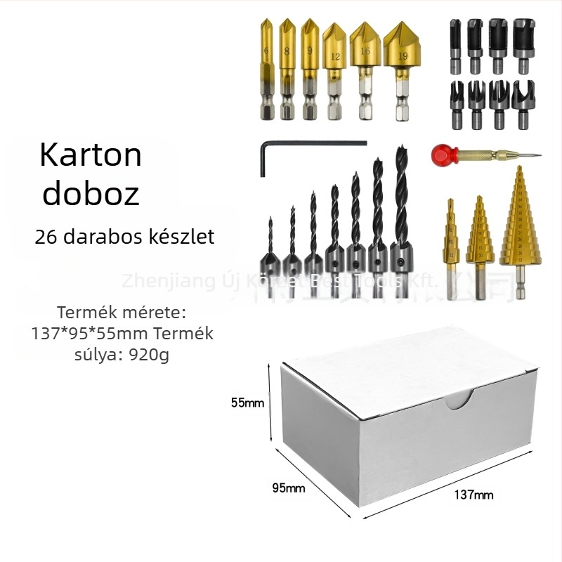 26 darab fakészítő fúrószett, középpontos ütővel és pagoda fúrókkal