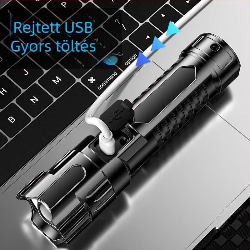 USB-s újratölthető LED zseblámpa, ABS házzal (800 mAh; 5 W; hatótávolság 100-200 m)