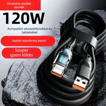 Type-C gyorsan töltő kábel digitális kijelzővel, 60W, fonott