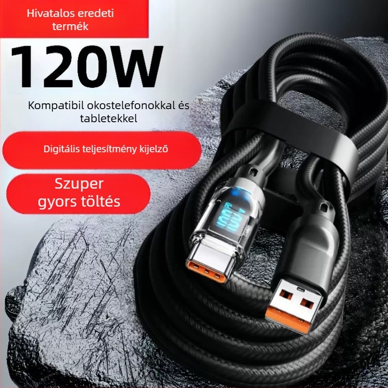 Type-C gyorsan töltő kábel digitális kijelzővel, 60W, fonott