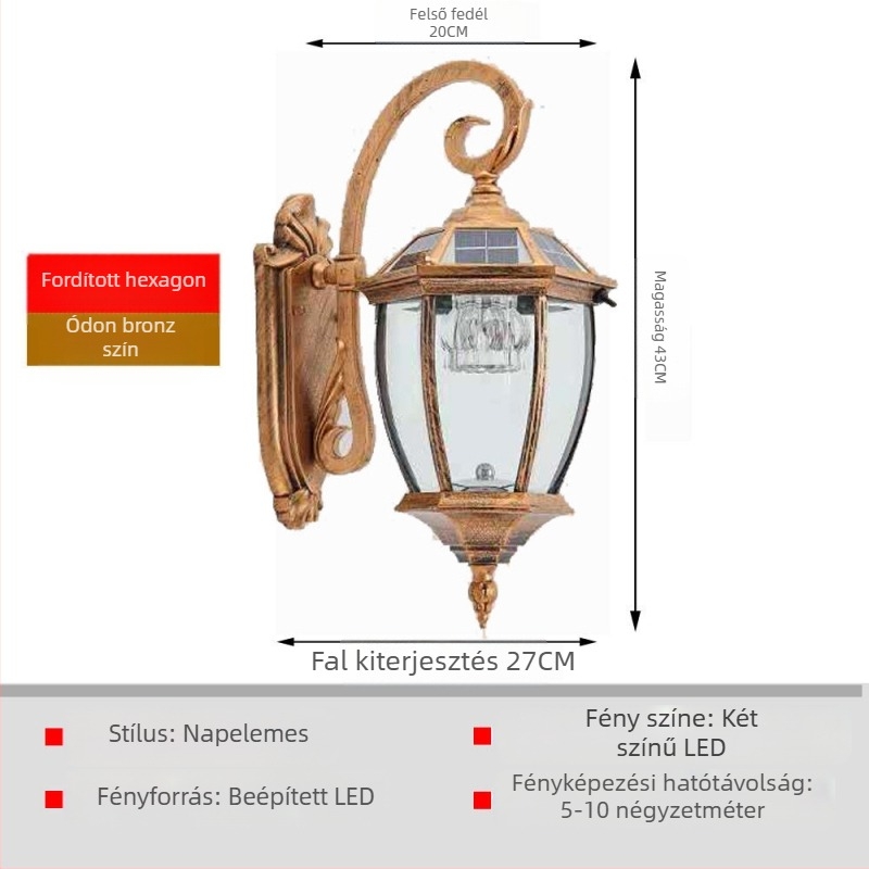 Napelemes kültéri vízálló falikar erkélyhez vagy bejárathoz – pásztor stílusú, szív alakú dizájn; IP55, 5W, 220V, 12–16 óra világítás, induktív kapcsoló