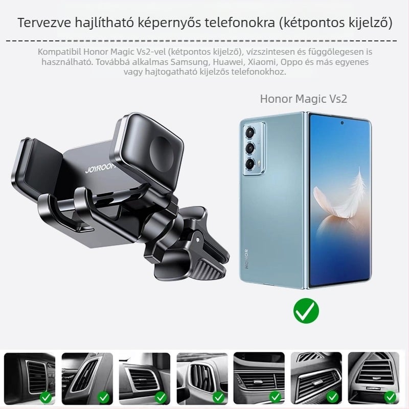 Összecsukható képernyőhöz készített autós tartó: Honor Magic Vs 2, Huawei Mate X2/X3 – kompatibil a szellőzőnyílásokkal és a műszerfallal; telepítés: snap-on, ragasztó vagy vákuum
