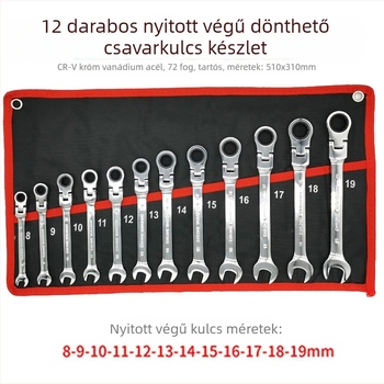 12 darabos mozgatható fejű csattogókulcs-készlet, krómozott felület, króm-vanádium acél, 72-fogú mechanizmus