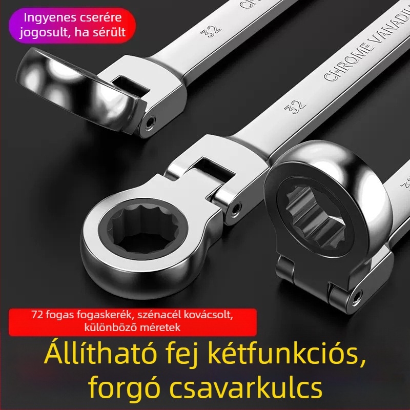 12 darabos mozgatható fejű csattogókulcs-készlet, krómozott felület, króm-vanádium acél, 72-fogú mechanizmus