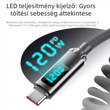 USB-C gyorstöltő kábel digitális kijelzővel, Type-C interfész, 120W, fonott kábel, egyfejű csatlakozó