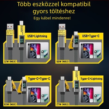Négy az egyben adatkábel digitális kijelzővel iPhone és Huawei Mate70-höz, Lightning és USB-C, 100W PD gyors töltés, cink ötvözet